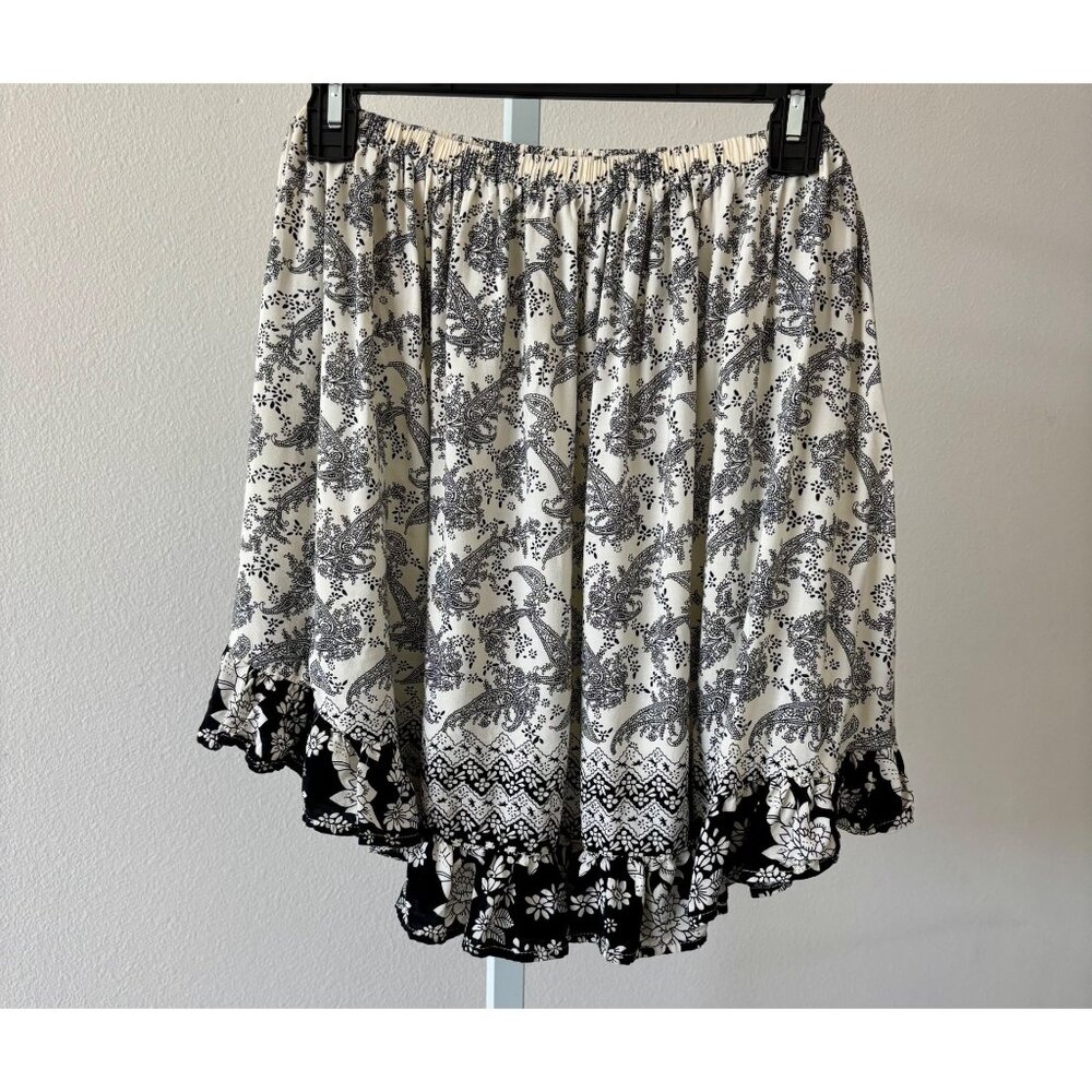 Ruffle Hem Skirt Large Black White Floral Paisley Boho Cottagecore Festival - Picture 4 of 13